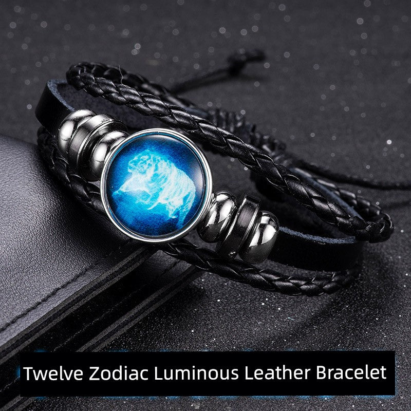 Zodiac Luminous Leather Bracelet Trendy Japanese and Korean Style Bracelet Men Lucky Bracelet Female Carrying Strap Woven Couples Bracelet
